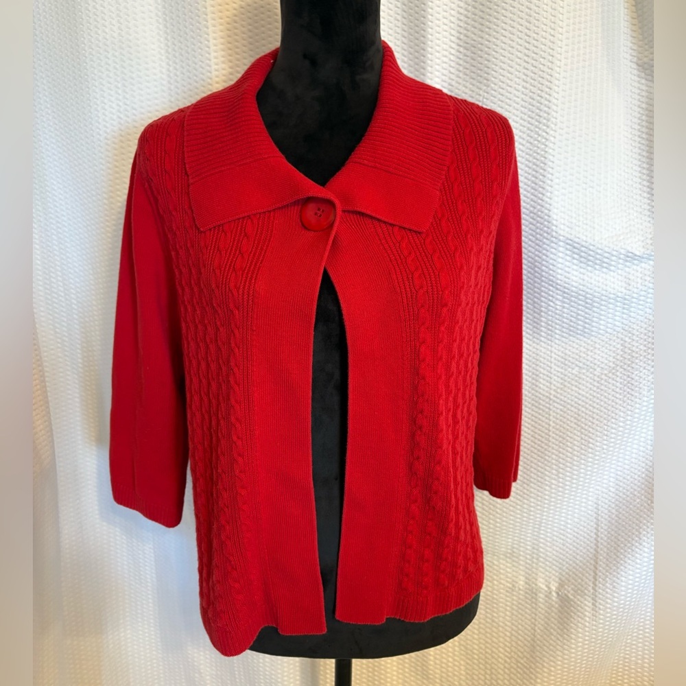 Christopher & Banks red 3/4 sleeve cable-knit cardigan sweater cropped cotton L